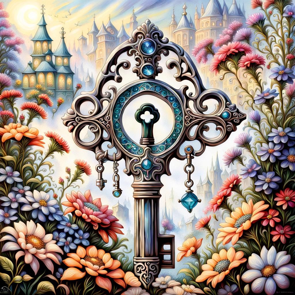Ornate Jeweled Key Amongst Flowers: Ethereal Fantasy