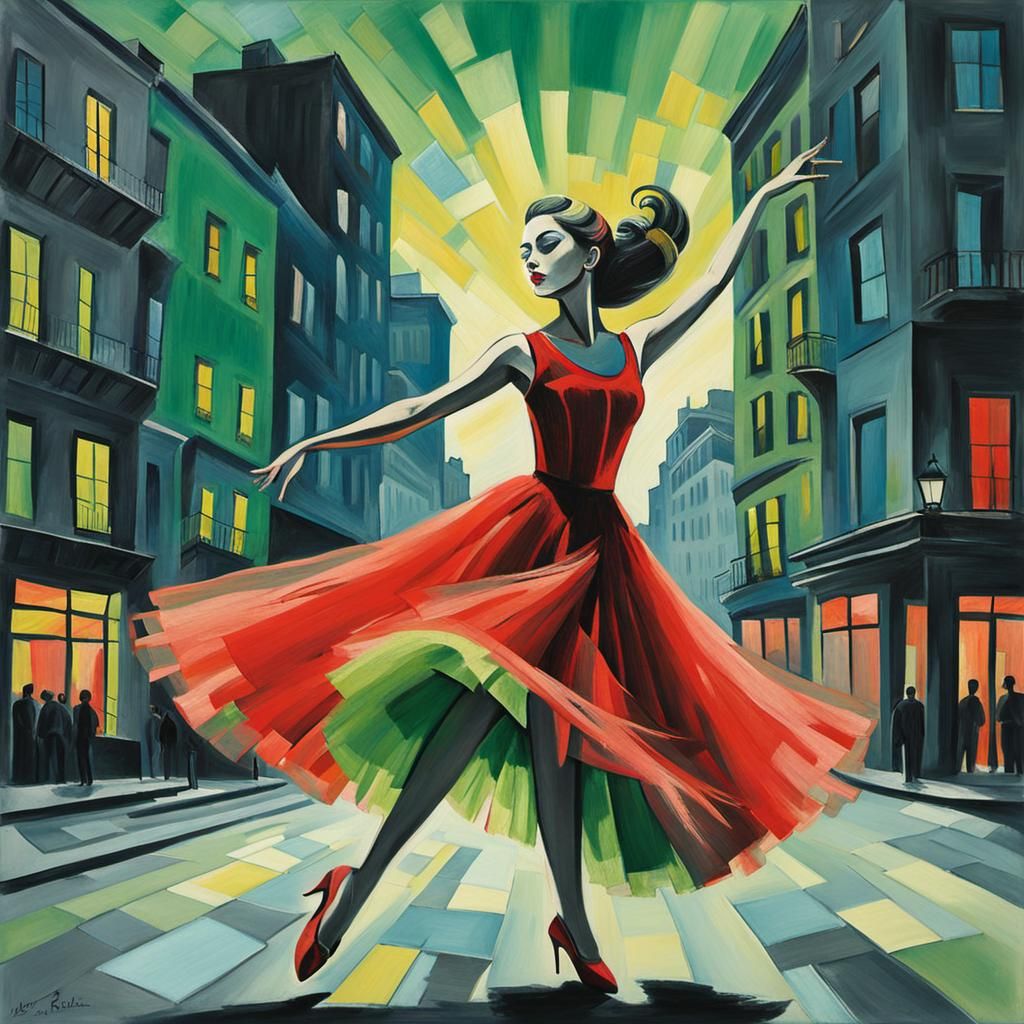 Fauvist City Dreamscape with Red Dancer