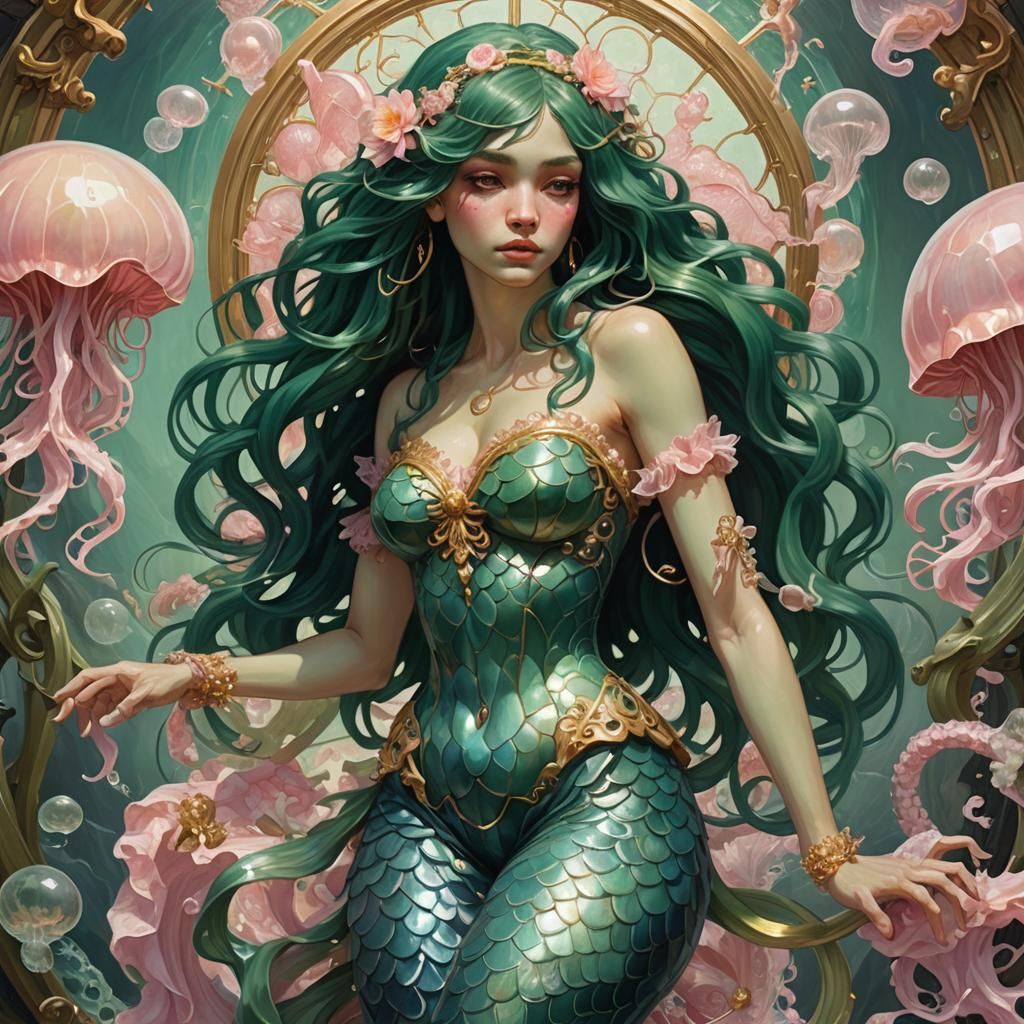 Enchanting Art Deco Mermaid Adorned in Pastel Jewels