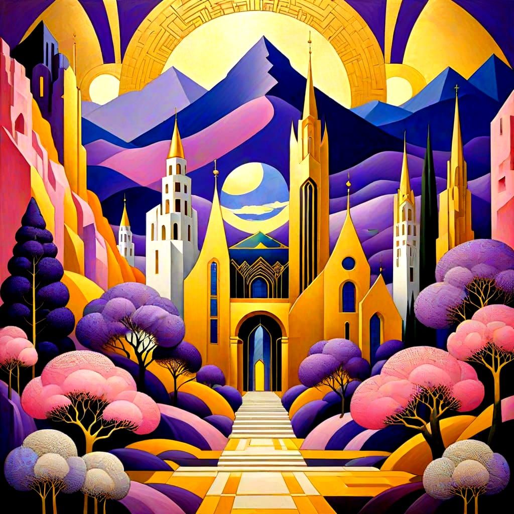 Vibrant Art Deco Geometric Landscape with Golden Mountains a...
