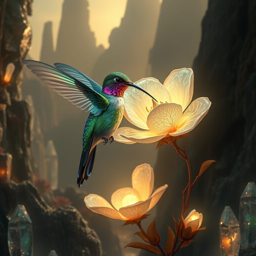 Glowing Hummingbird Sips Nectar in Primeval Alien Valley