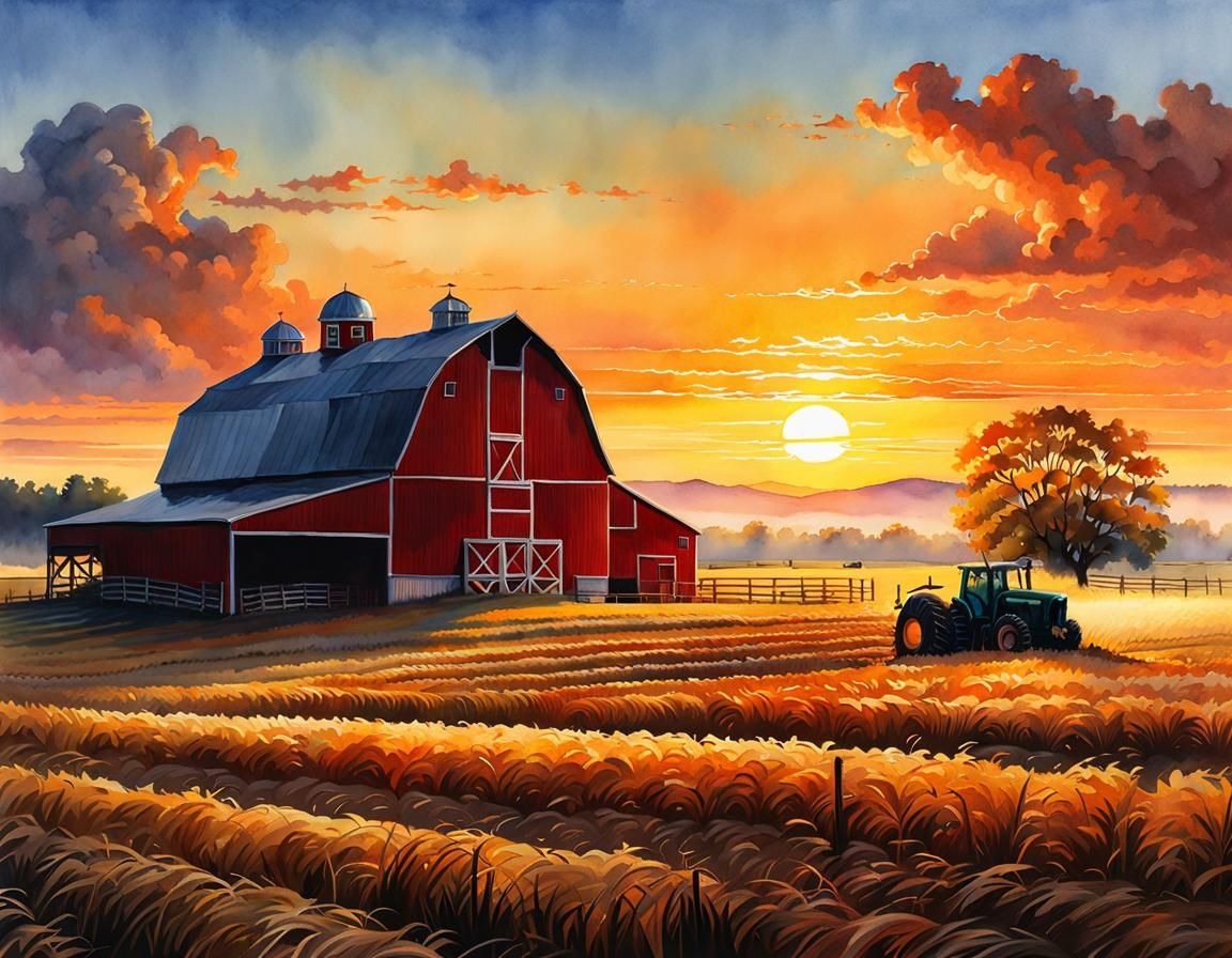 Hyperrealistic Farm Scene in Soft Textured Watercolor