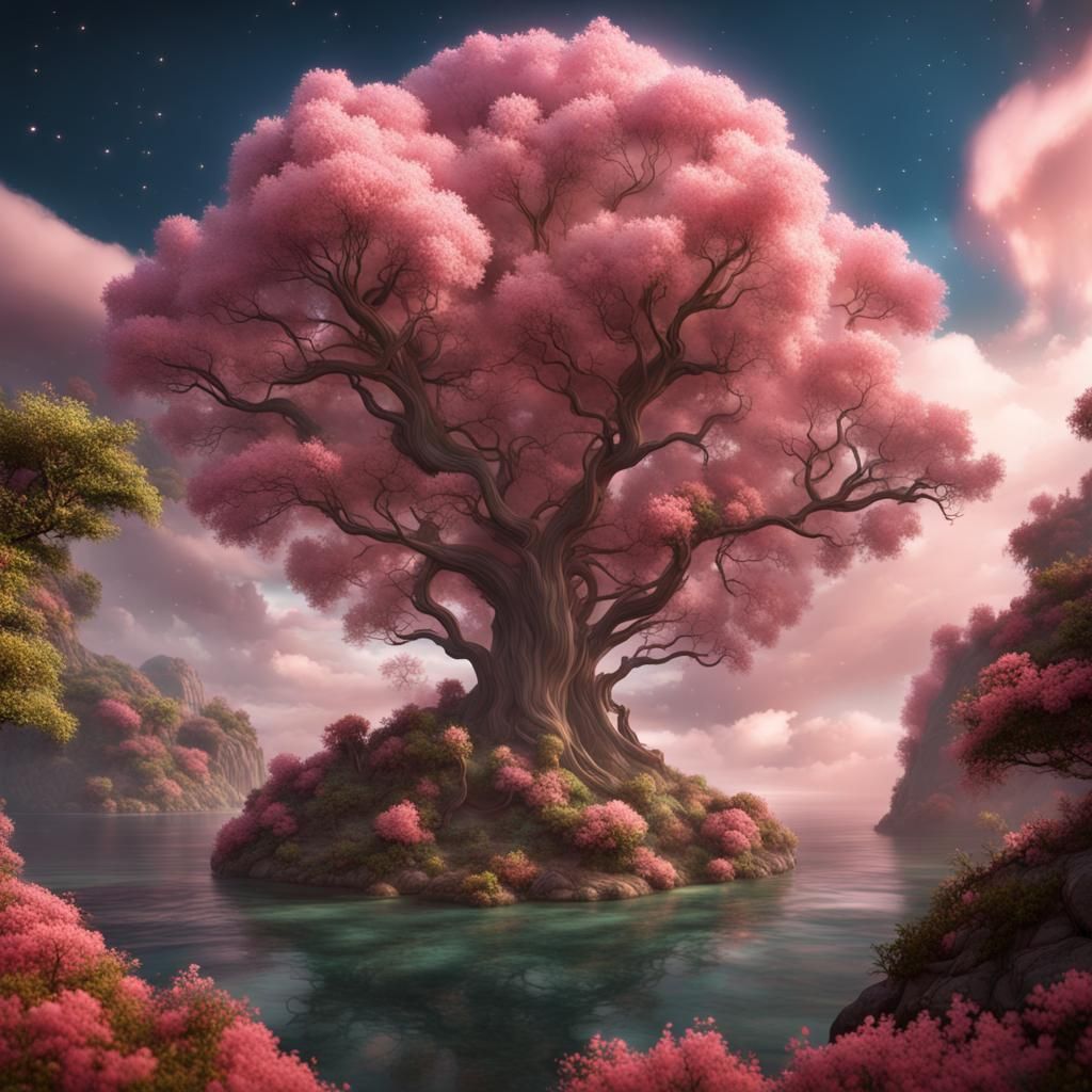 Fantastical Landscape of Pink Clouds with Canyons and Oceans