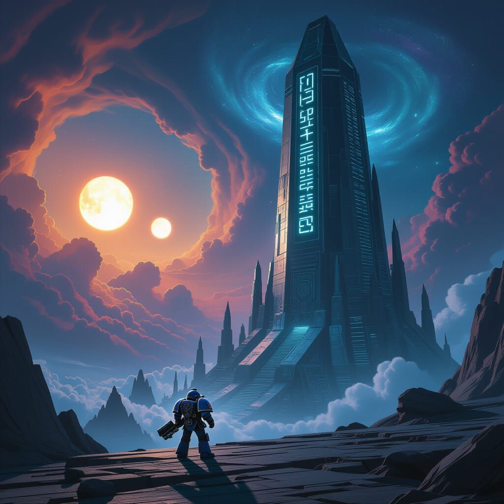 Chibi Space Marine on Crystalline Structure in Cosmic Nebula