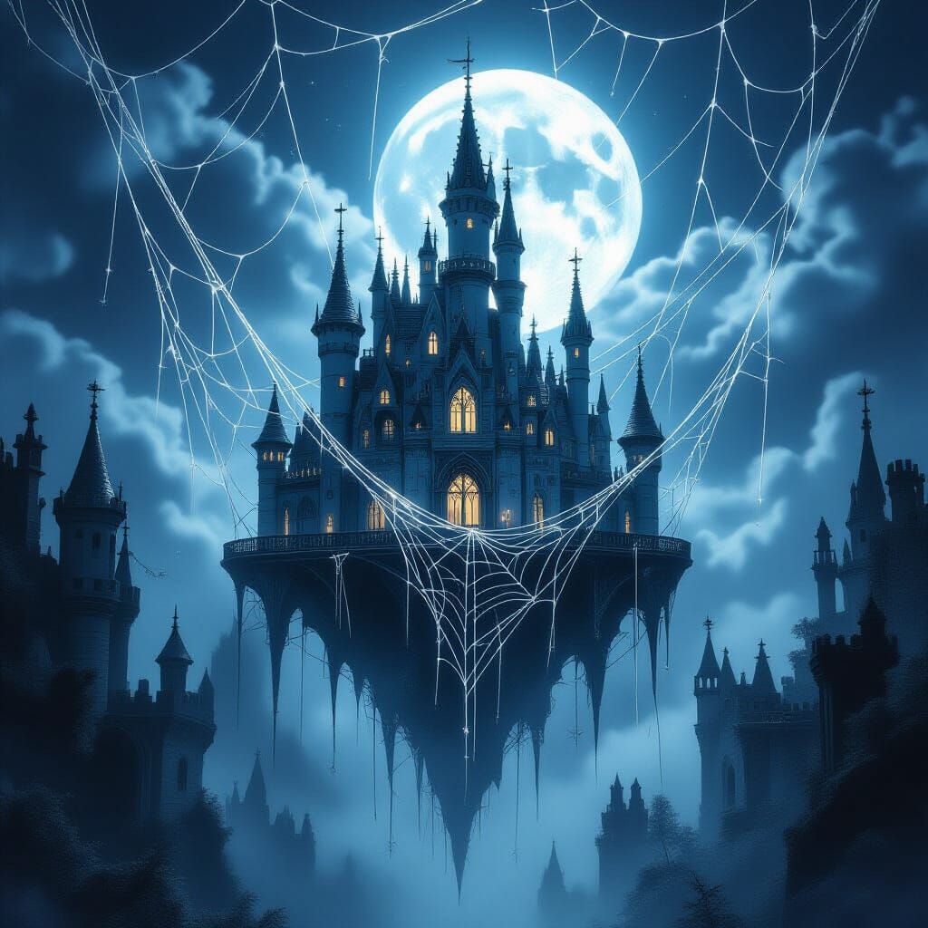 Gothic Castle in Silver Spiderwebs Under Moonlight
