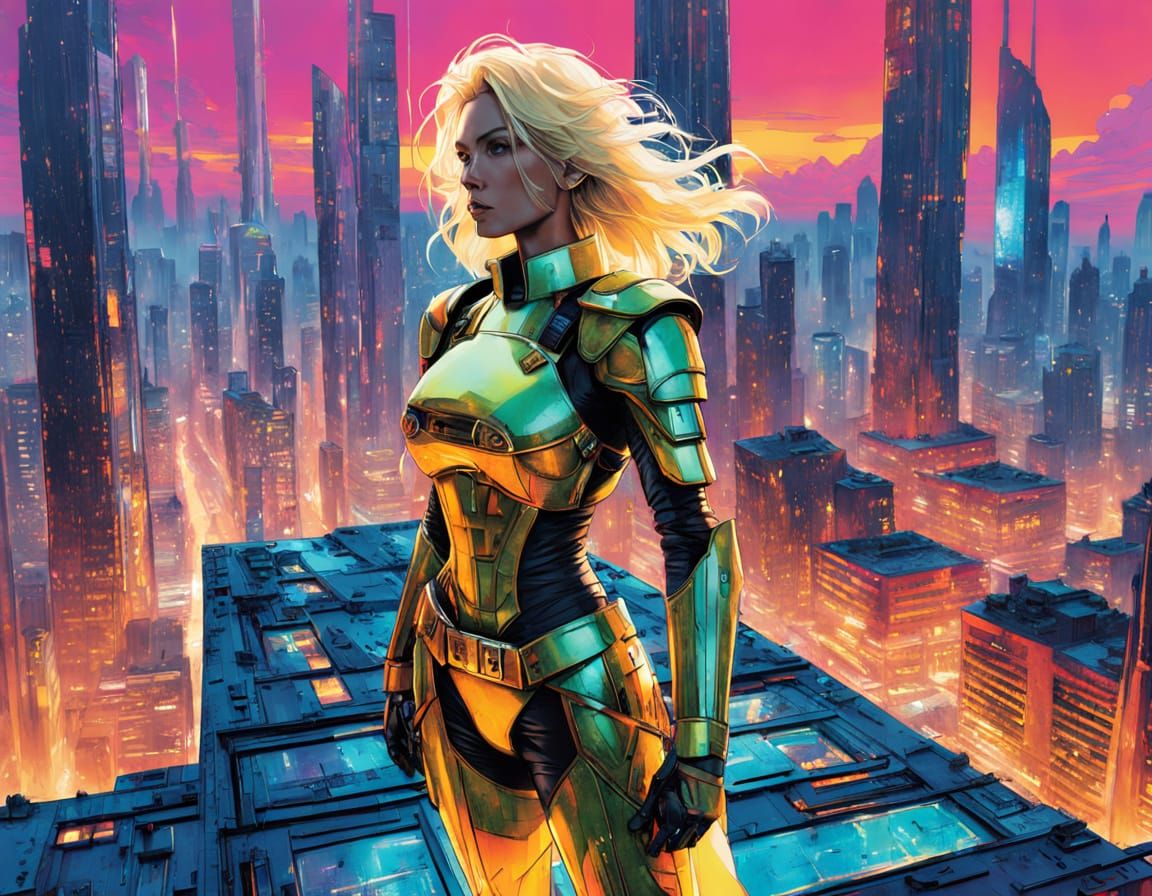 Pop Art Supermodel on Futuristic Skyscraper at Sunset