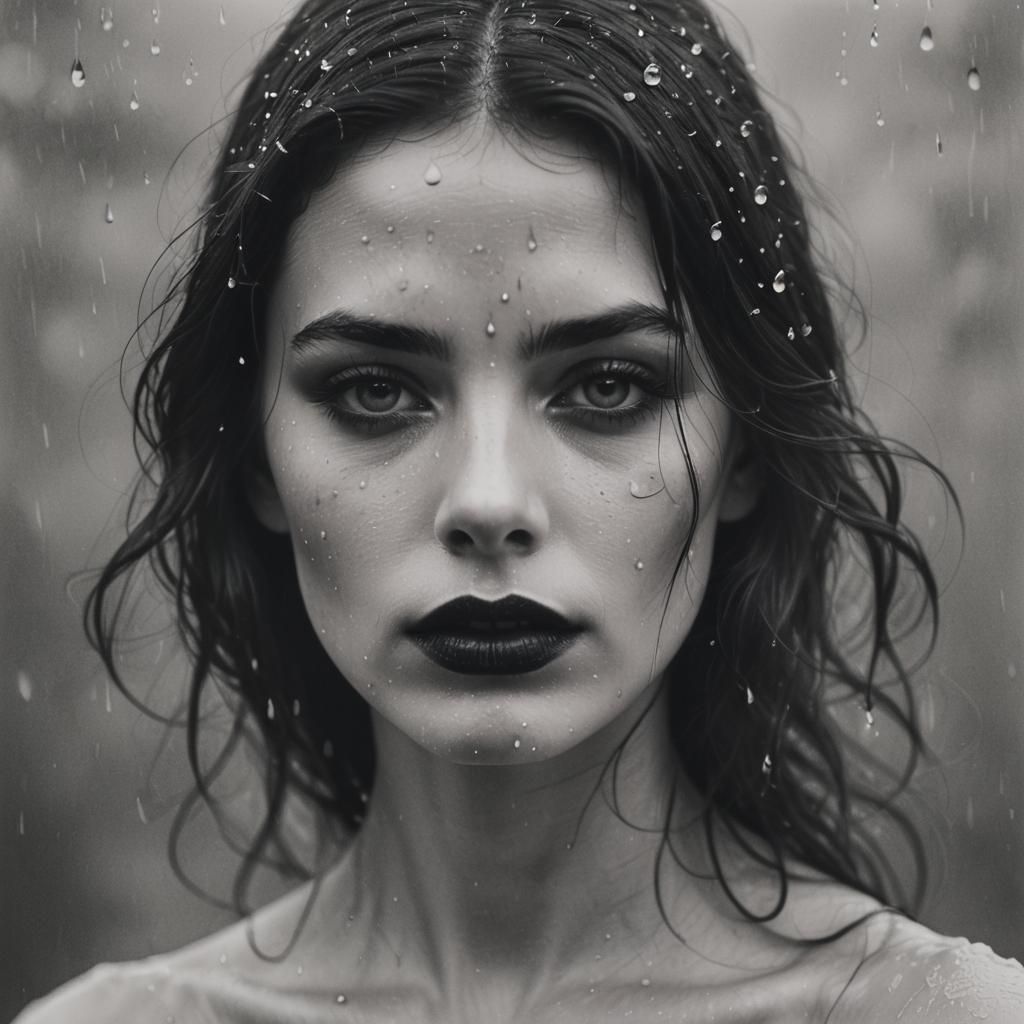 Monochromatic Woman with Water-Droplet Hair, Cinematic Film....