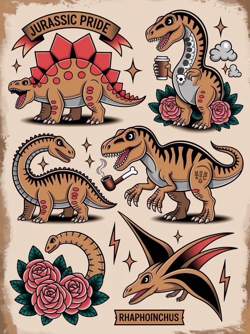 Cartoon Dinosaur Tattoo Flash Sheet Design