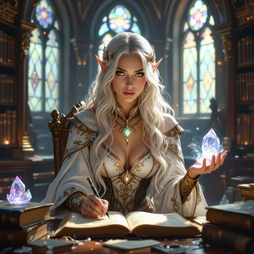 Elven Sorceress in Library, Hyperrealistic Fantasy Art