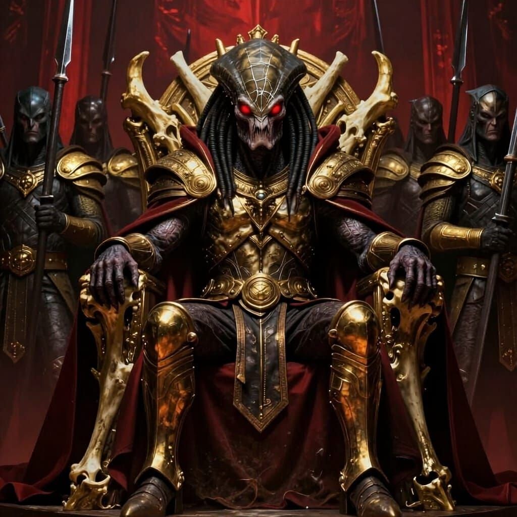 Tired Predator King on Bone Throne with Royal Army