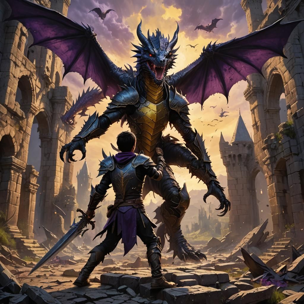 Dark Fantasy Warrior Battles Fiery Dragon in Ancient Castle