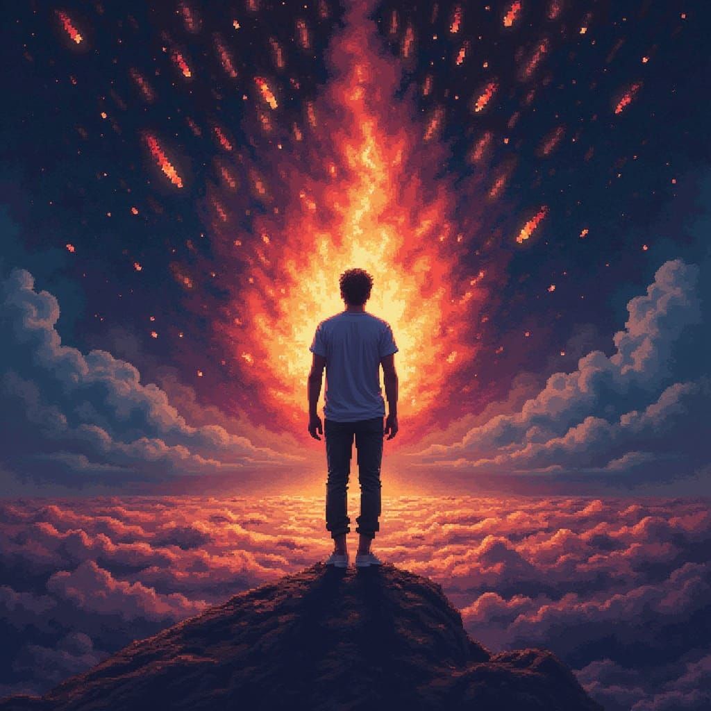 Digital Mosaic Art of Man in Fiery Night Sky with Meteors