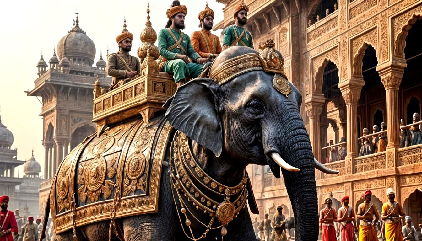 Rajah's Grand Mughal Procession Approaches Temple in Intrica...