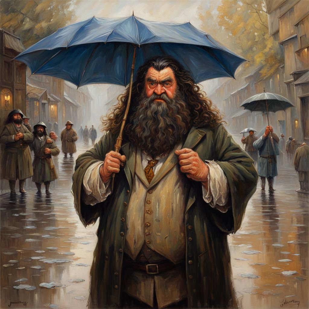 Hagrid Holds Umbrella Open in a Detailed Oil Painting