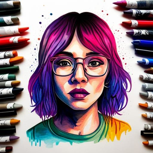 Watercolor Girl with Purple Hair in Rainbowcore Style