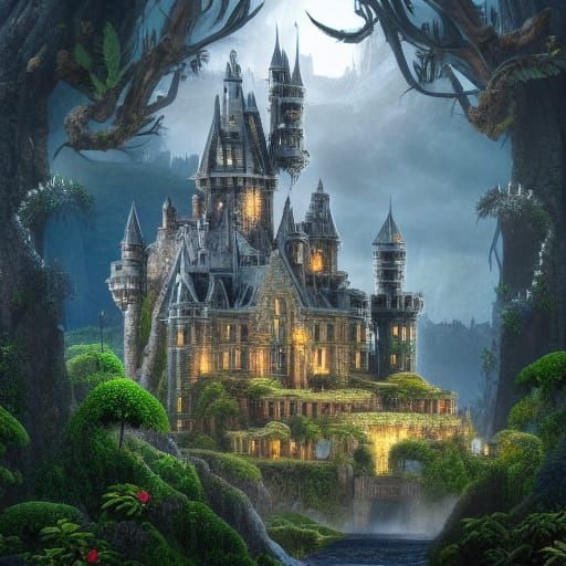 Epic Chrome Castle Overwhelmed by Vines and Foliage