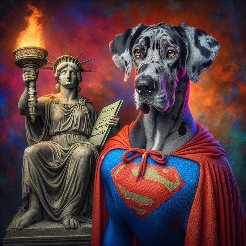 Hyperrealistic Great Dane in Superhero Attire by the Statue....