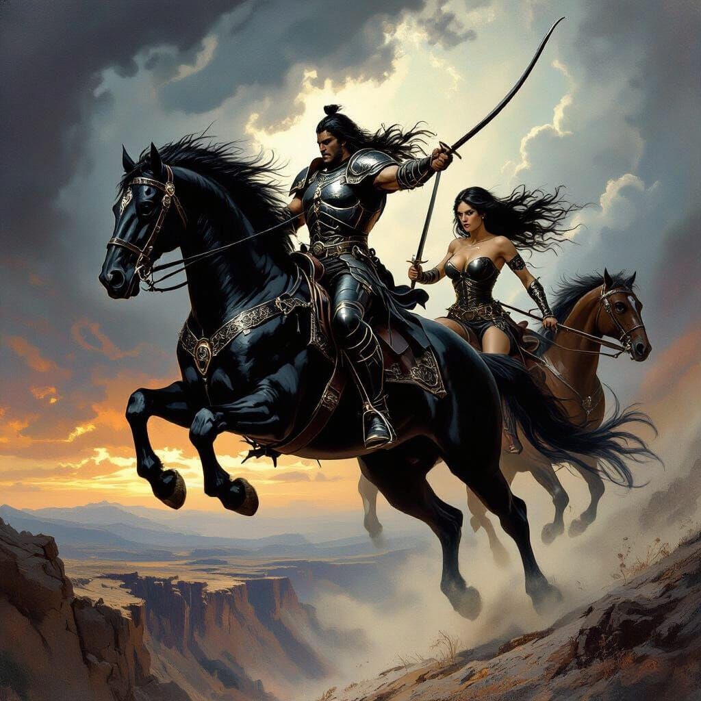 Warrior and Lady Leap Ravine on Horseback