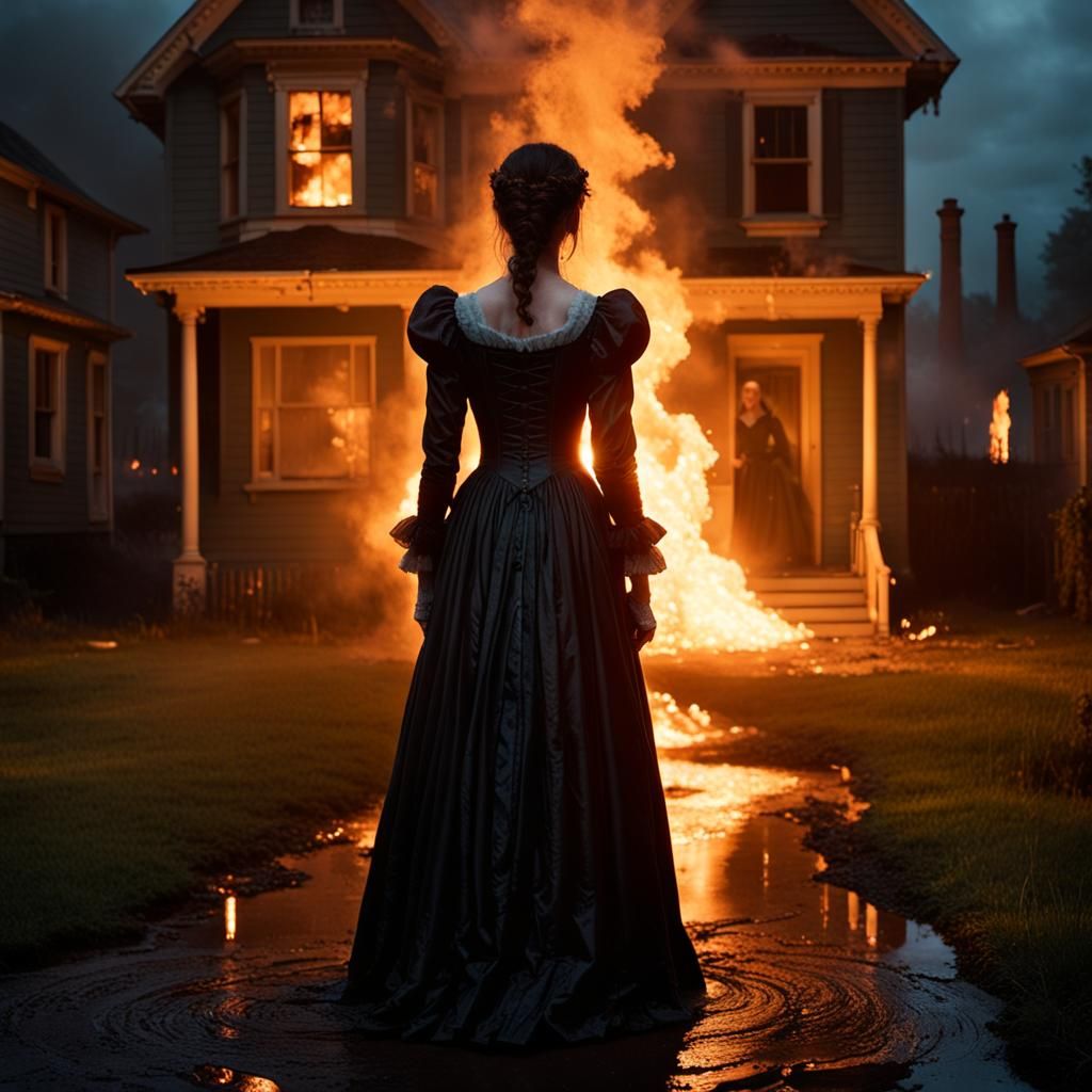 Ethereal Woman in Victorian Mourning, Illuminated by a Ragin...