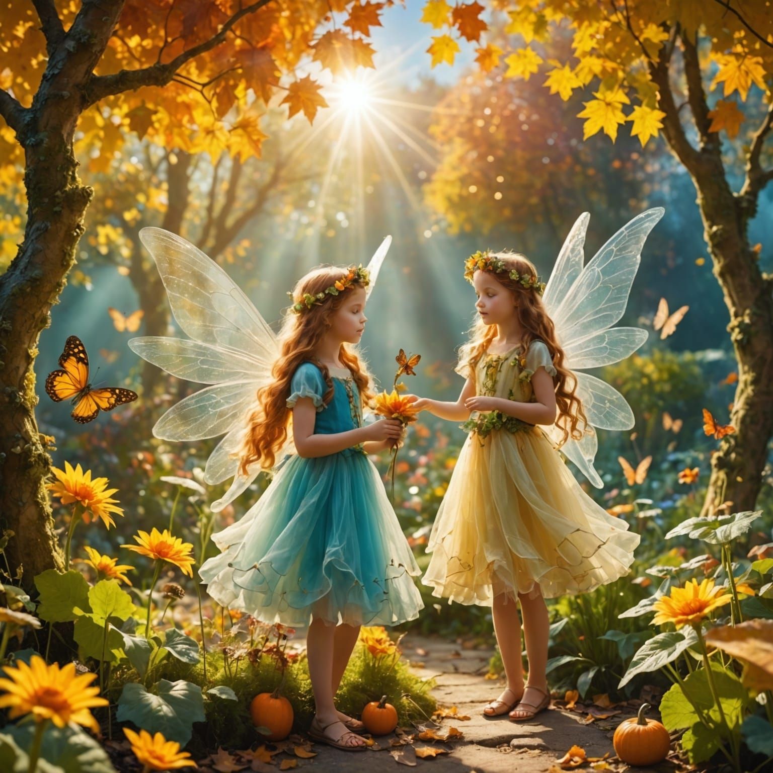 Whimsical Fairies Dancing in Autumn Paradise