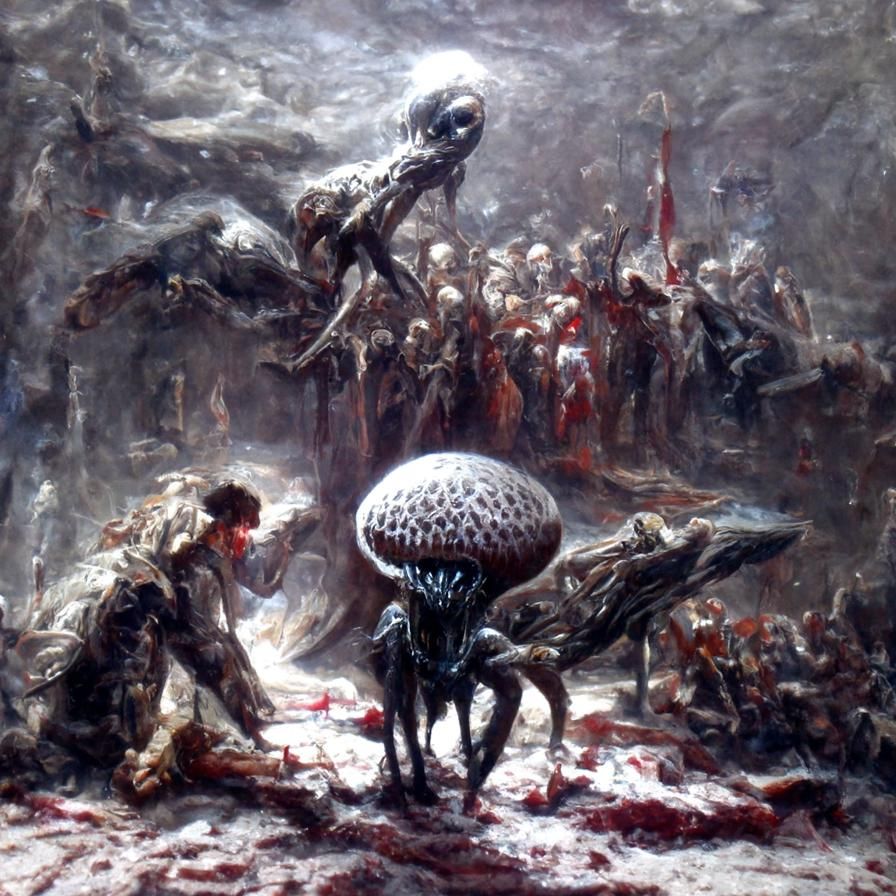 Aliens Devour Humans in a Dark, Mystical Landscape