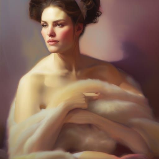 Elegant Countess in Luxurious Fur Coat, Satin Couch Portrait