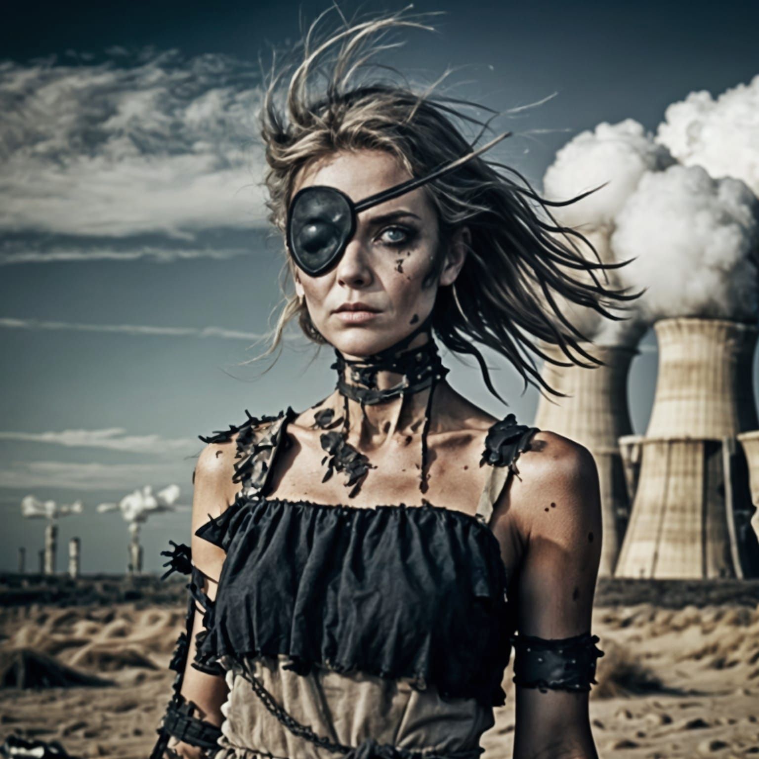 Rugged Postapocalyptic Woman Defies Ruin with Haunting Elega...