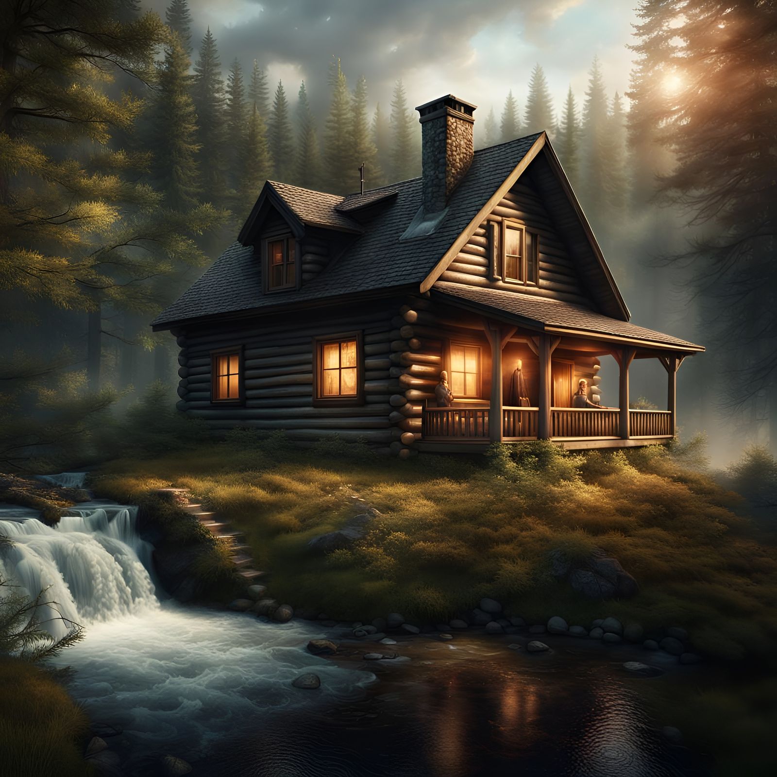 Winter Log Cabin in Majestic Woodland Scene