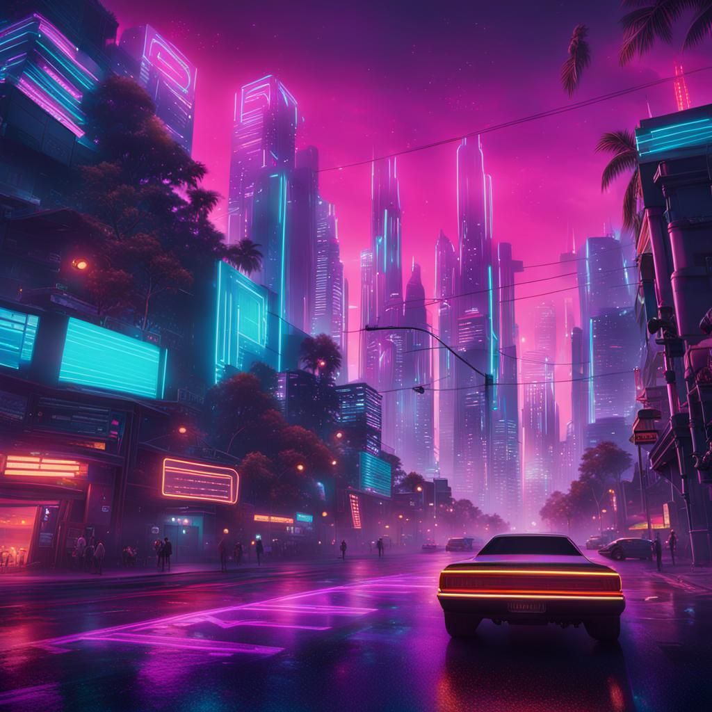 A photo realistic background of a city inspired by Synthwave summer, 80’s electronic music and daft punk