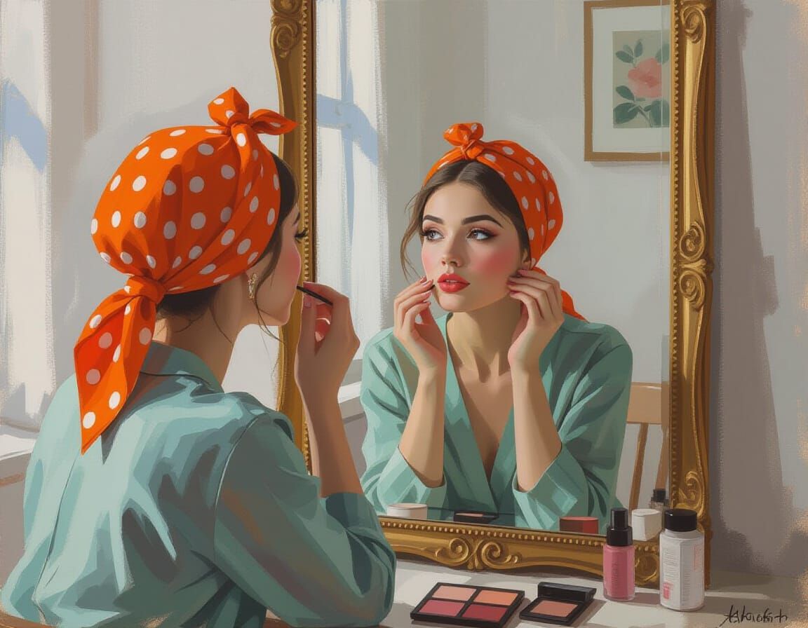 Woman with Headscarf Applying Makeup: Impressionistic Style