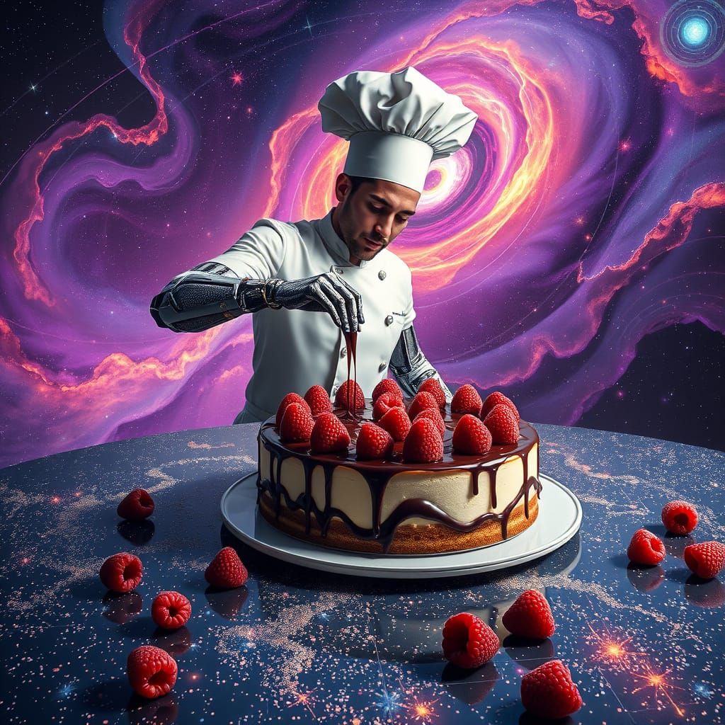 Cosmic Chef in Celestial Cheesecake Masterpiece