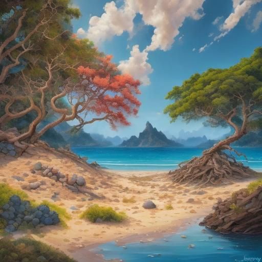 Vibrant Tropical Island Scene in Oil Painting Style