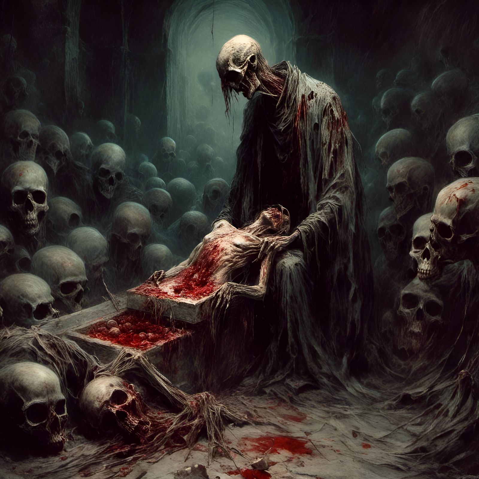 Macabre Zombie Feast in a Dark Crypt, Inspired by Eerie Maga...