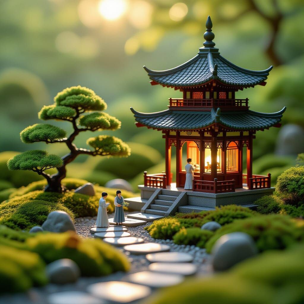 Serene Korean Garden with Pagoda and Bonsai