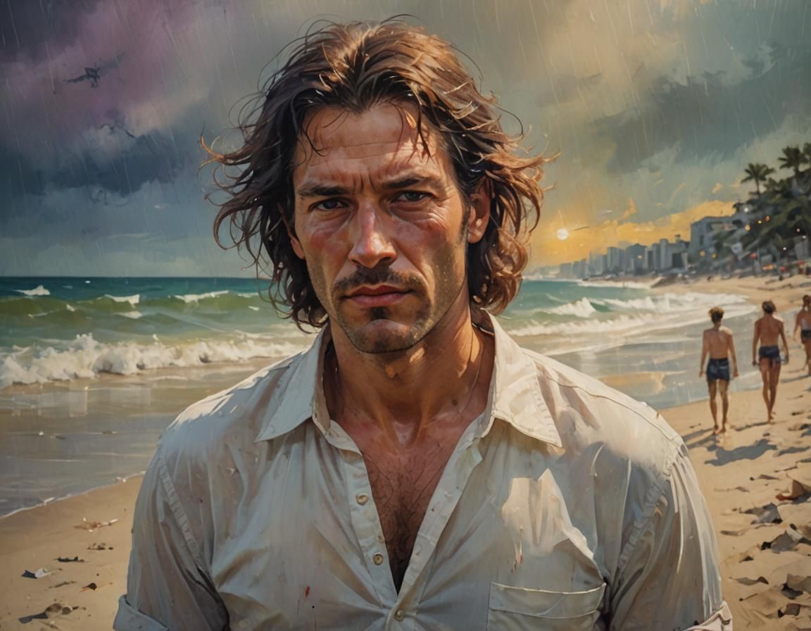 Handsome Beach Party Figure in Expressive Cinematic Oils