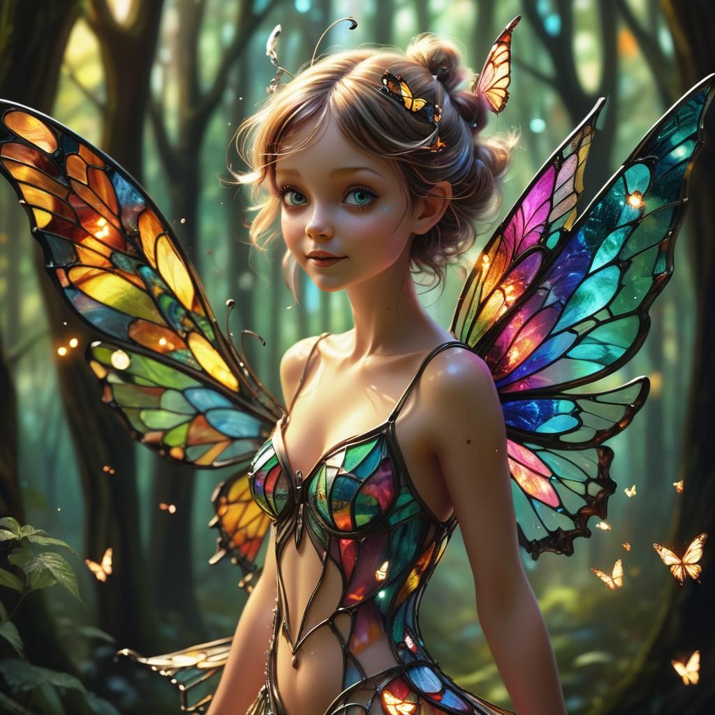 Digital Stained Glass Whimsy: Mischievous Pixie in Flight