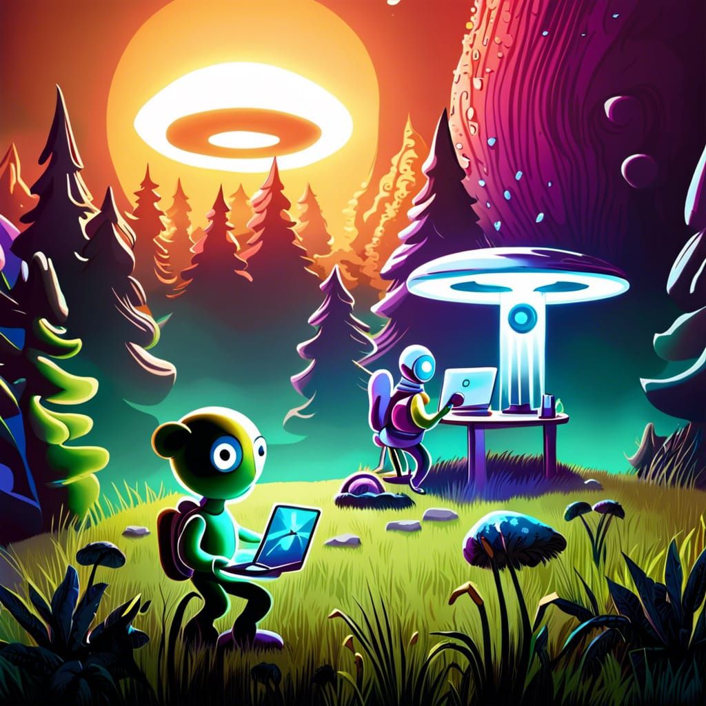 Friendly Alien Repairs Laptop in Whimsical Forest Shop