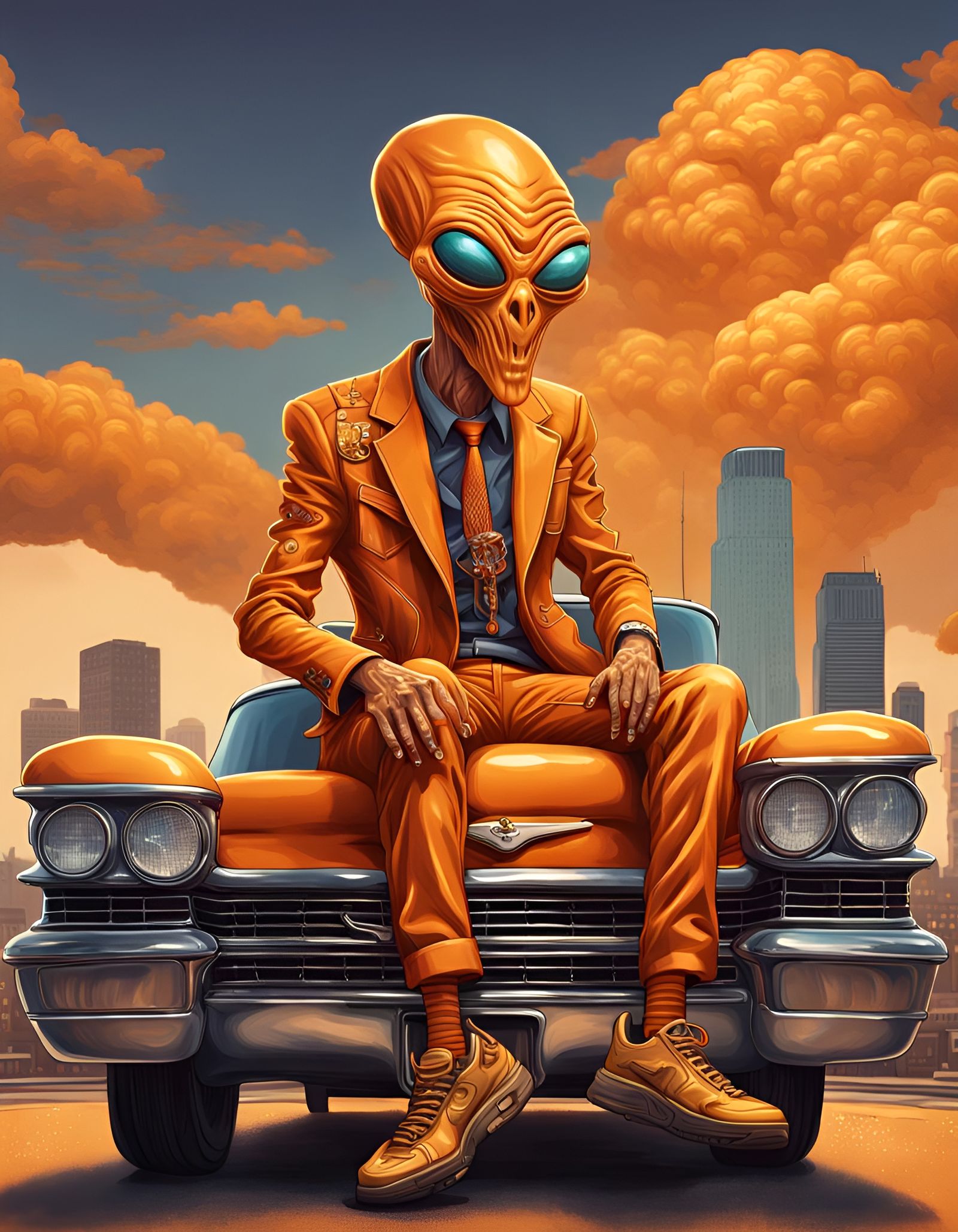 Vibrant Hyperrealistic Alien in a Cadillac