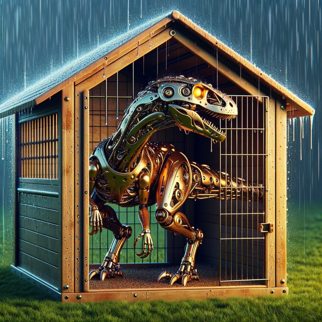 Golden Mechanical Velociraptor in Kennel During Rain