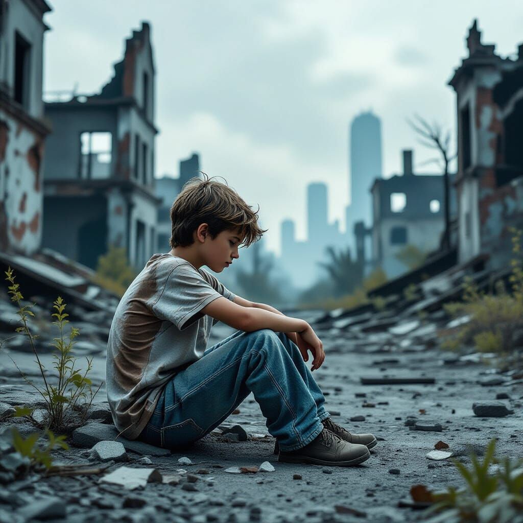Dystopian Boy in Ruined City, Industrial Art Style