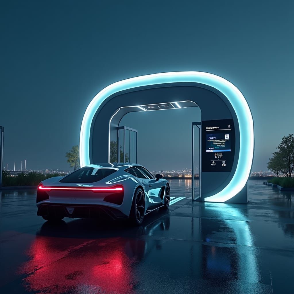 Cyberpunk Cityscape: Self-Driving Car Approaches Futuristic....