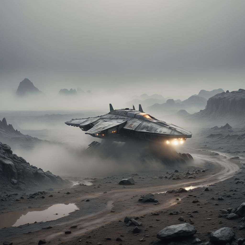 Starship Zooms Through Foggy, Muddy Landscape in Cinematic F...