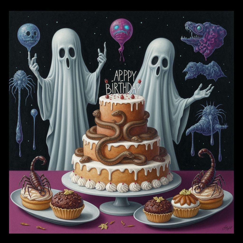 Surreal Birthday Party with Snake Cake and Insect Pastries