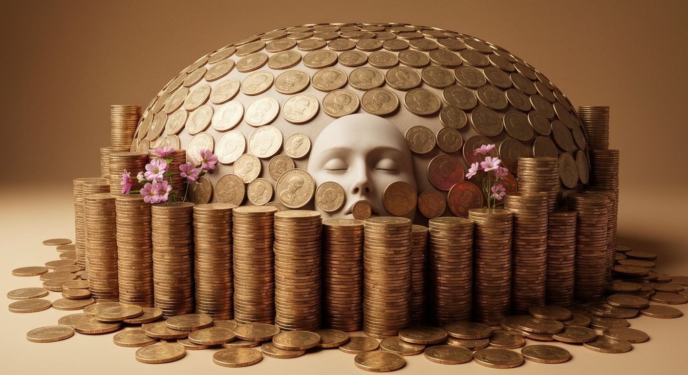 Surrealist Sculpture of Woman Face Formed by Coin Piles