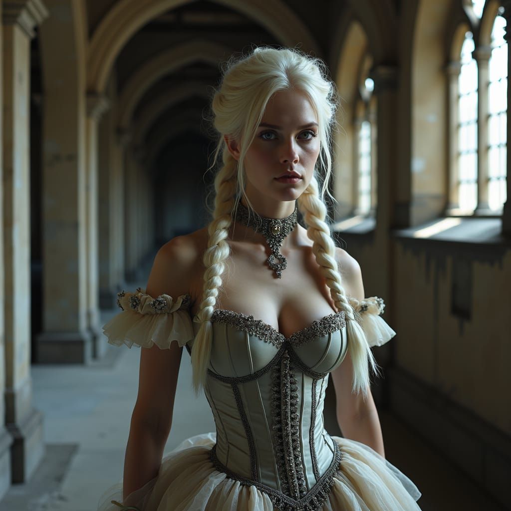 Woman with Braids in Mystical Cathedral