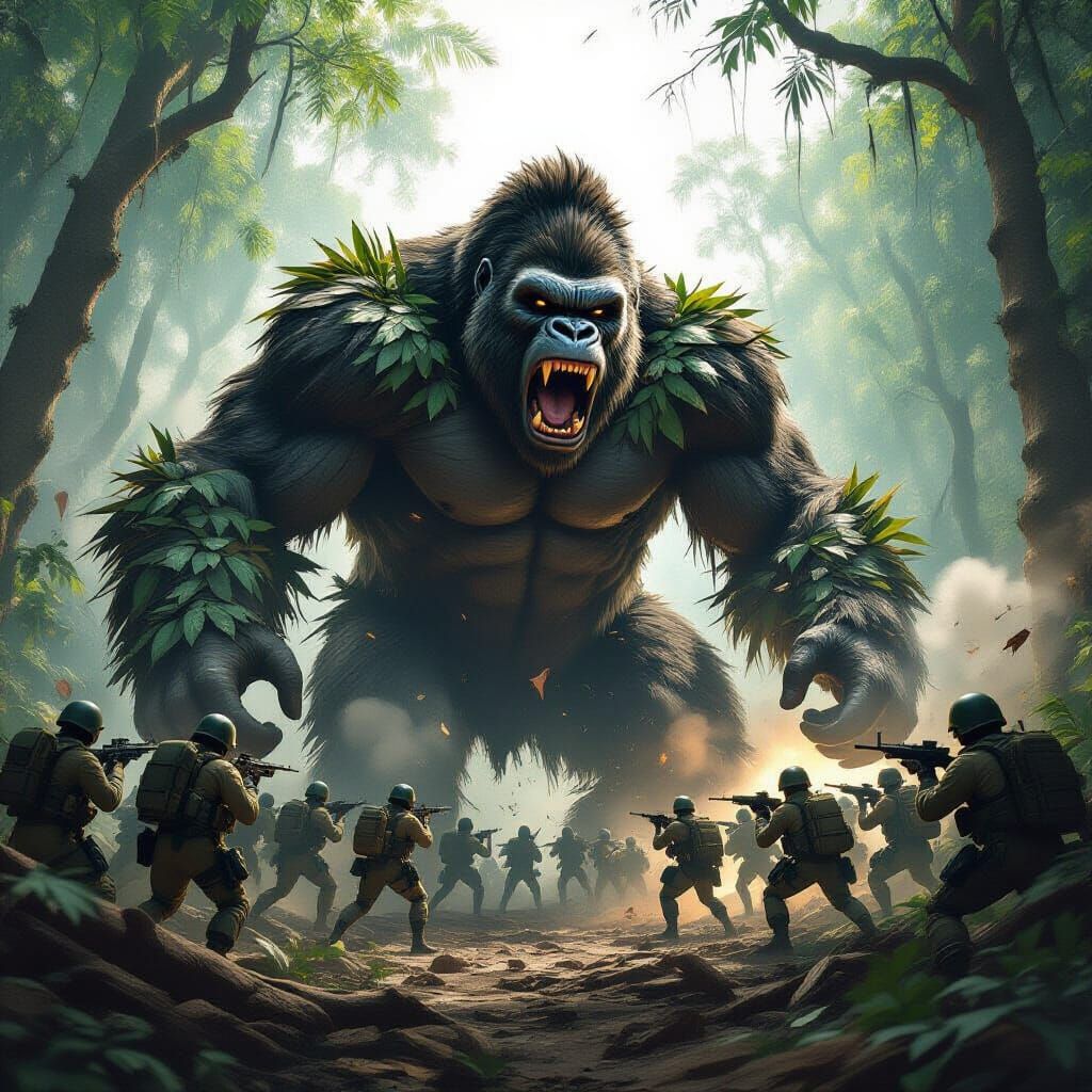 Colossal Gorilla vs Soldiers in Jungle Clearing