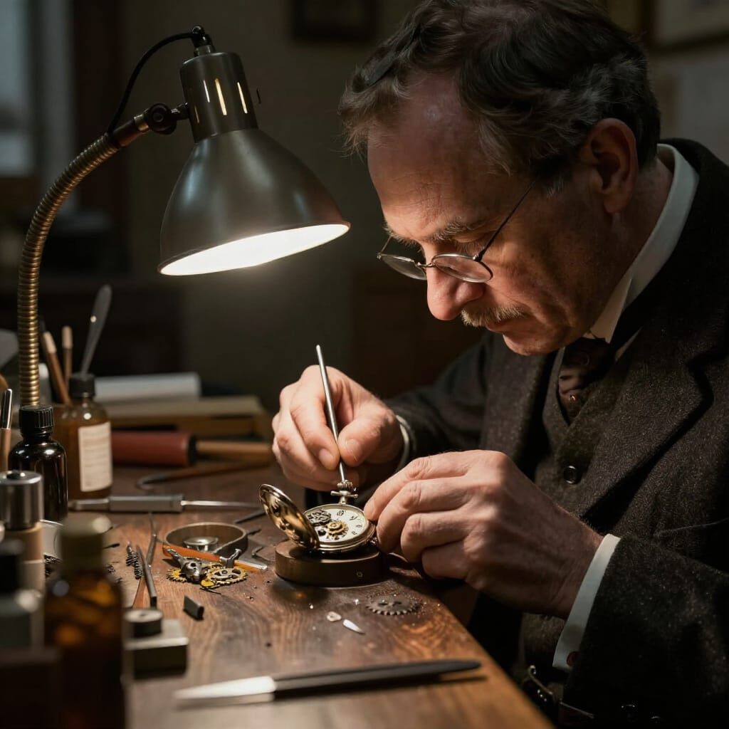 Swiss Watchmaker Crafting Pocket Watch in Vintage Workshop