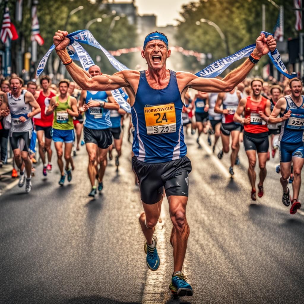 Triumphant Marathon Finisher Breaks Through the Ribbon