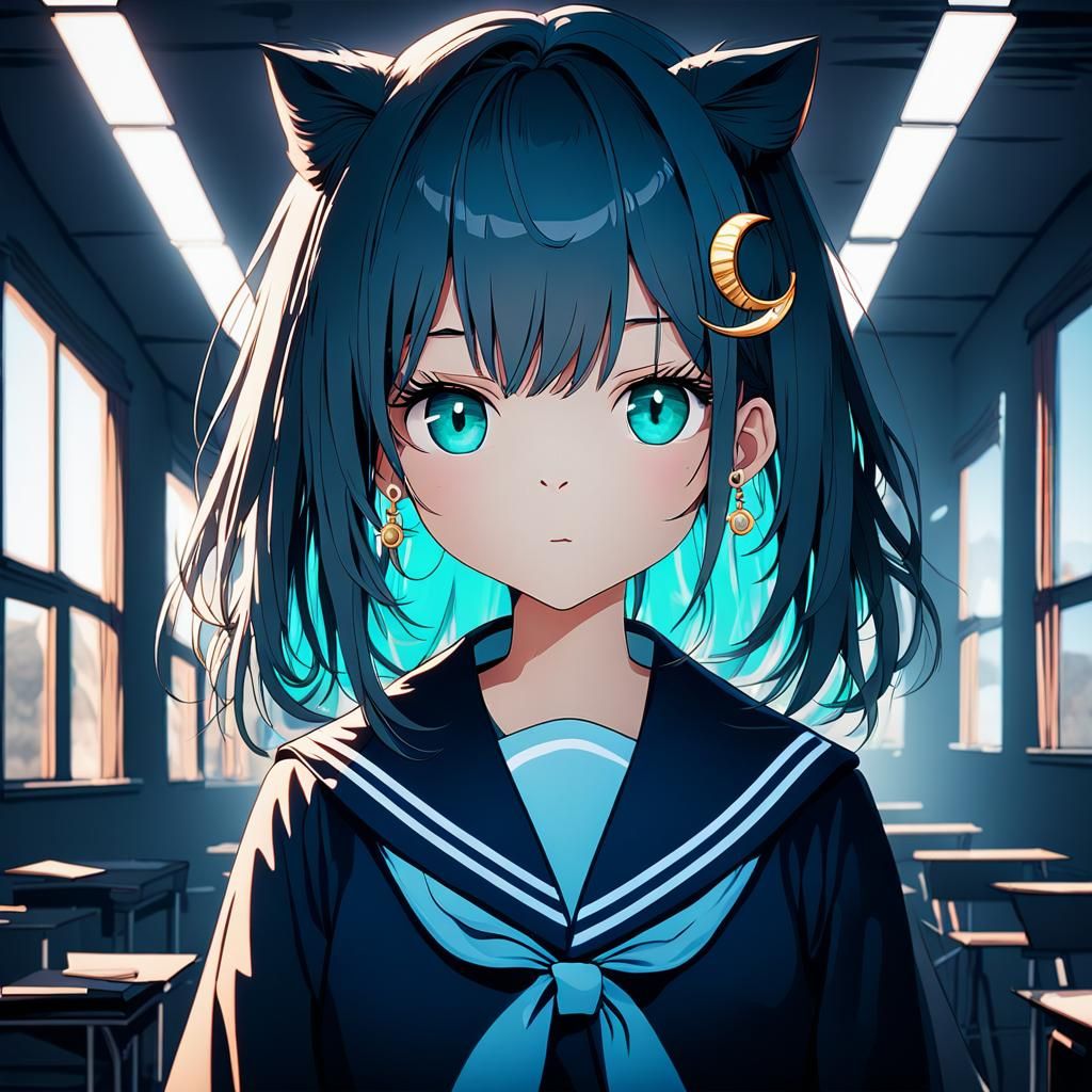 Anime-Inspired Cat Girl in Sailor Suit Classroom