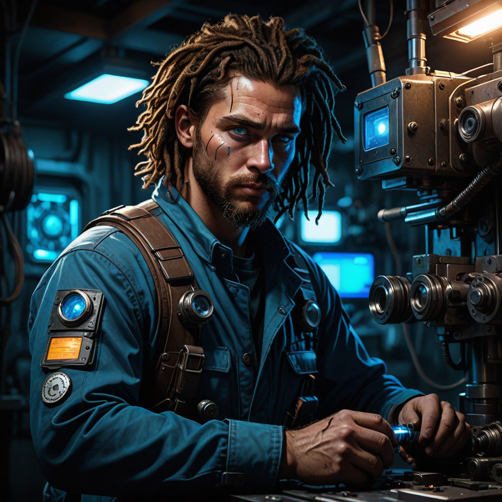 Gritty Sci-Fi Mechanic in Industrial Workshop